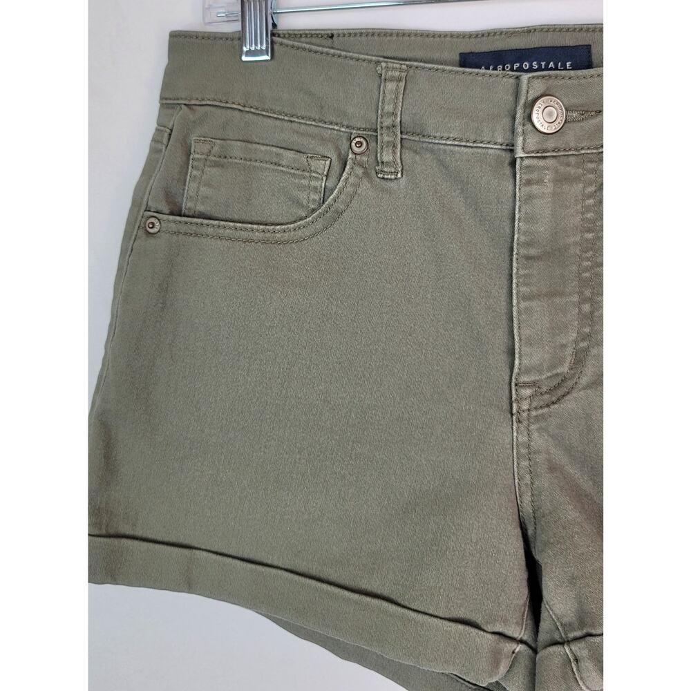 Aeropostale High Waisted Midi Stretchy Cuffed Shorts Olive Green Women's Size 8 - Picture 4 of 11